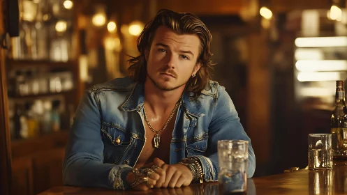 Long haired man in denim jacket sits at rustic bar counter