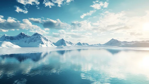 Glacial peaks mirrored on tranquil polar sunrise waters.