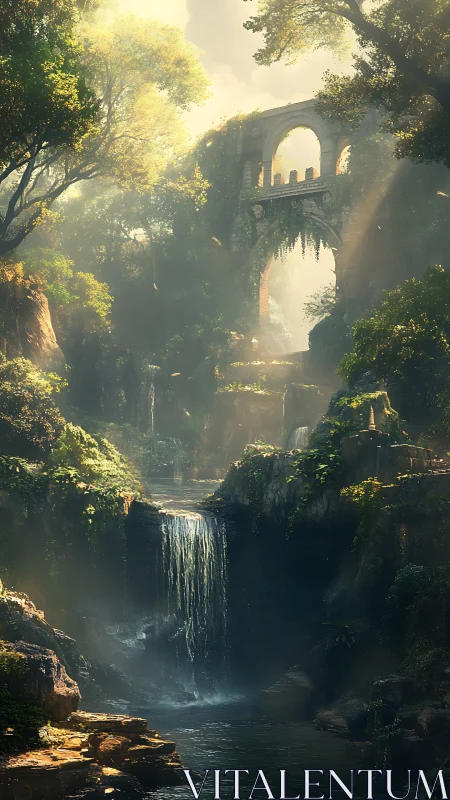Sunlit ruined aqueduct above lush forest waterfall.