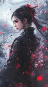 Digital painting of warrior woman amid scarlet petals in motion.