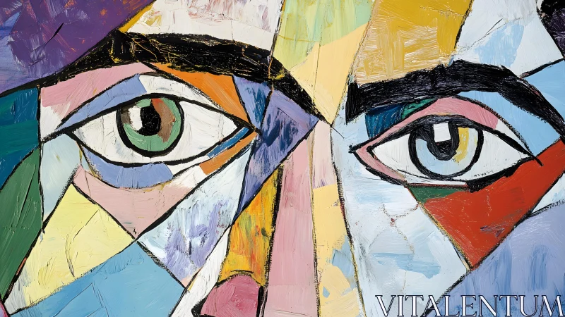 Abstract Cubist Portrait Close-Up with Vivid Colors and Bold Brushstrokes.