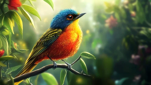Vivid blue and orange songbird in sunlit forest, digital art style.