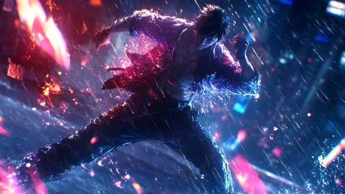 Neon rain brawler ignites a stormlit cyberpunk alleyway.