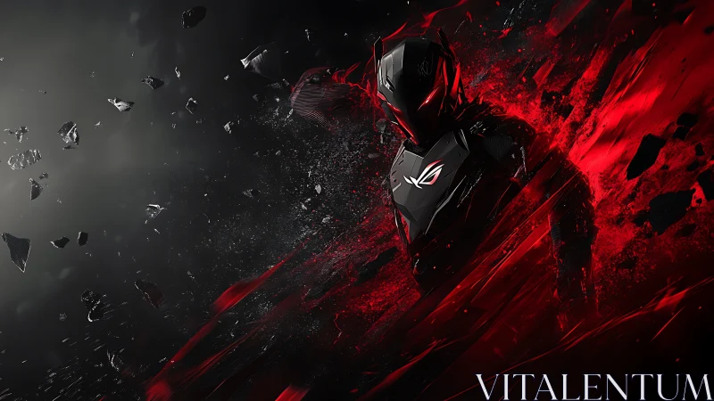 Neon warborn cyber-knight slices through crimson stardust.