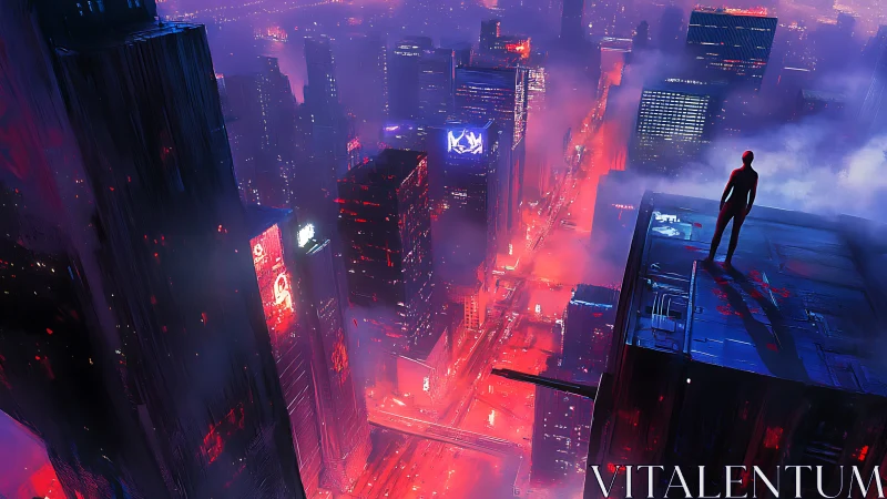 Lone dreamer watching neon city lights fade into mist.