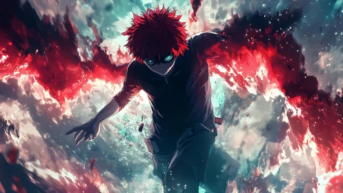 Red-haired anime antihero strides through explosive energy field