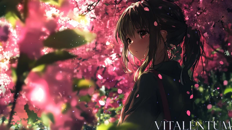 Anime girl under luminous cherry blossoms in shallow focus