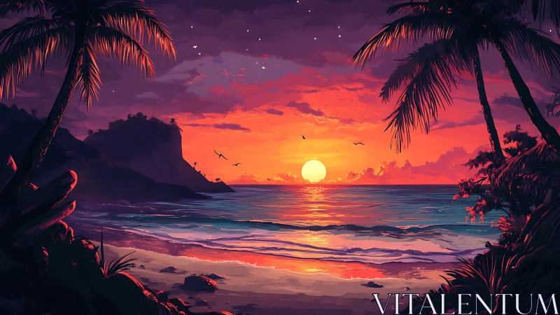 Gentle tropical sunset painting with glowing ocean waves.