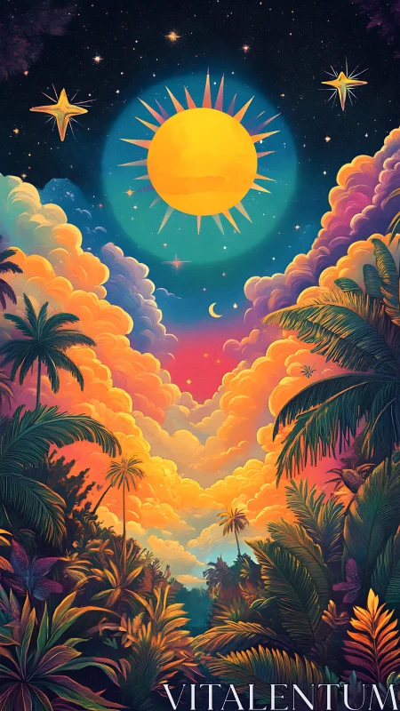 Radiant sun drifts over dreamy tropical jungle at twilight
