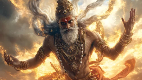 Muscular bearded deity figure floats in flames and clouds