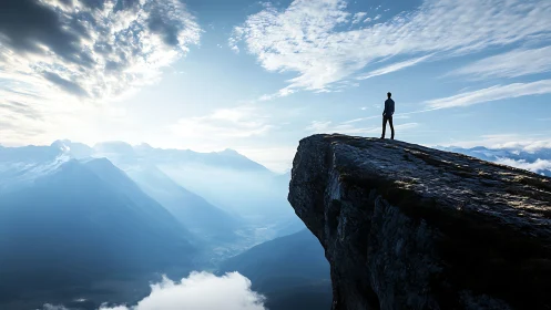 Person standing on high rocky cliff above layered mountains.