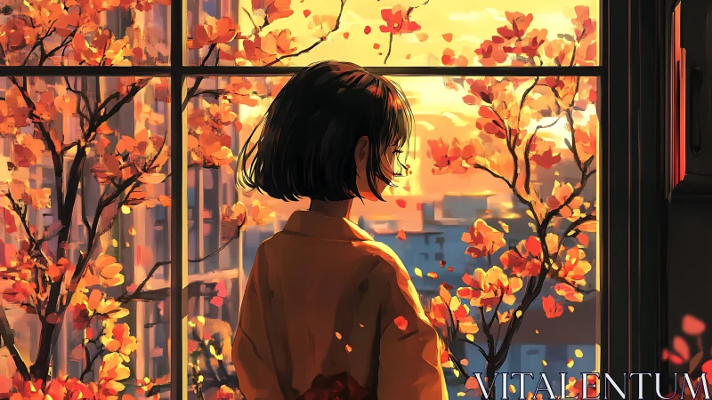 Girl watching autumn sunset through glowing window frame.