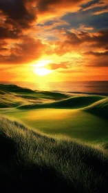 Sunset fire crowns rolling seaside golf greens in gold.