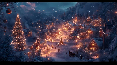 Snowy Christmas village glows with warm festive lights at night.