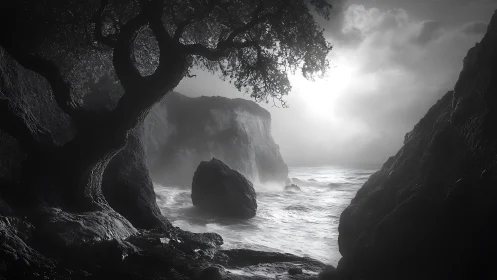 Rocky coastal cove with silhouetted tree against bright sun