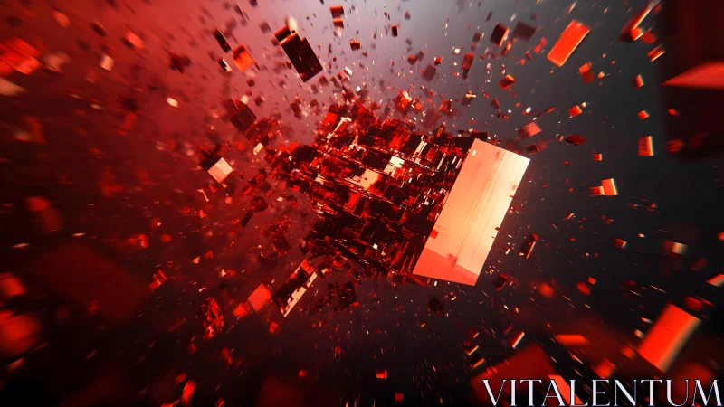 Exploding Red Cubes in Abstract Digital Art with Futuristic Style.