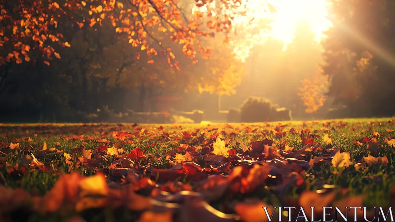 Golden autumn park sunrise over dewy leaf carpet.