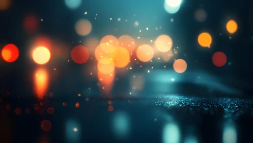 Abstract city lights bokeh with blue and orange tones, dreamy style.