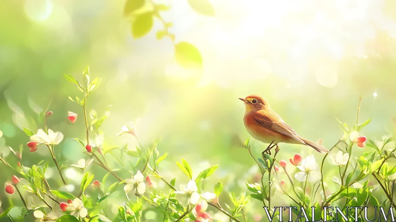 Gentle songbird resting in a sunlit spring garden glow.