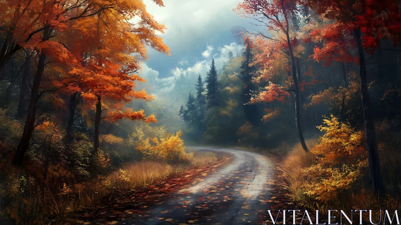 Atmospheric forest landscape with winding dirt road through autumn deciduous and coniferous layered 