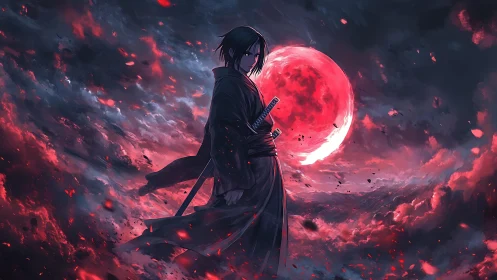 Solitary anime swordsman silhouetted against a red lunar eclipse sky