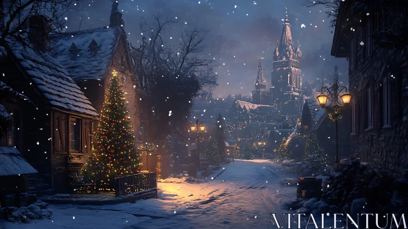 Snowy village street glows with warm Christmas lights at dusk