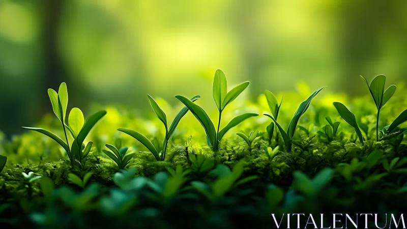 Fresh green seedlings in soft sunlight, nature macro photography.