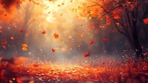 Sunlit autumn forest glows as leaves swirl in warm air.