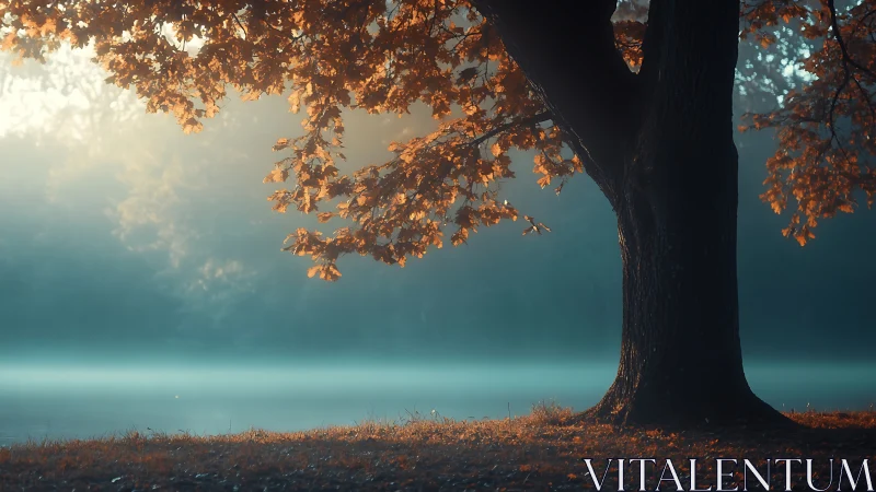 Autumn sentinel tree guarding a dreamy misty lakeshore.