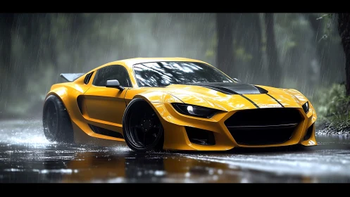 Yellow widebody supercar slices through rain-soaked forest road.