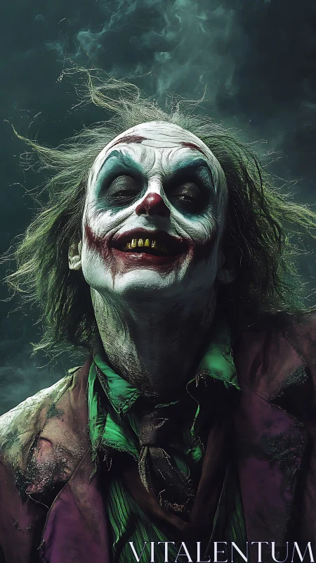 Wild haired clown leans close with eerie, crooked smile