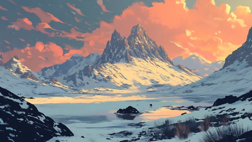 Sunlit alpine massif with frozen lake and distant rider