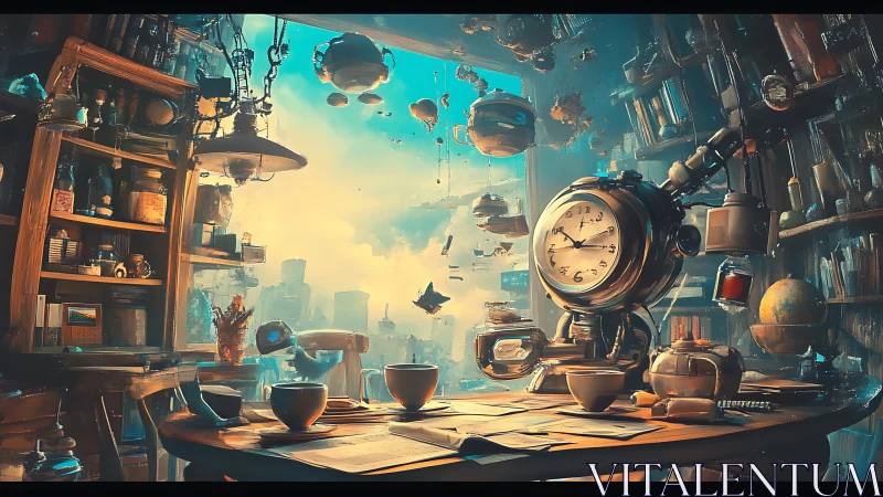 Time-tossed coffee break in a floating sky library.