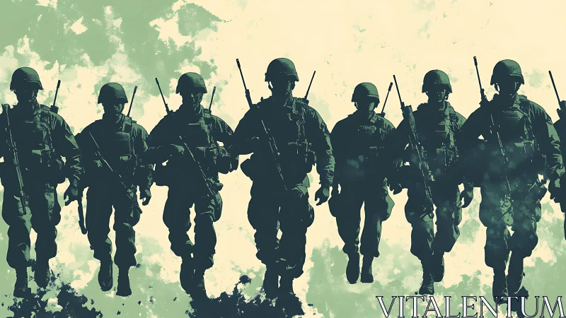 Silhouetted soldiers advancing in formation with rifles.