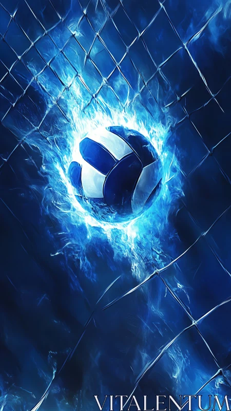 Volleyball impacts wire net amid stylized blue energy field