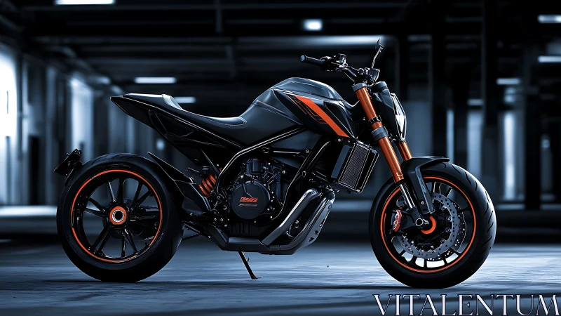 Midnight neon streetfighter motorcycle humming in steel silence.