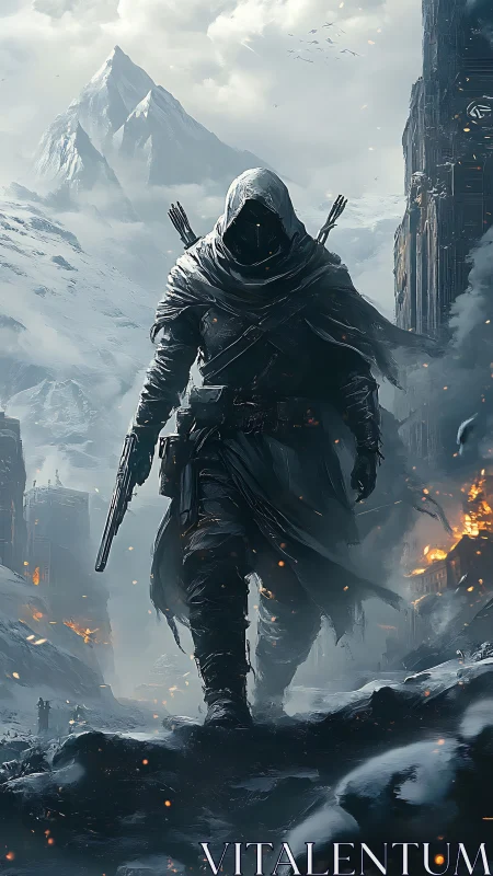 Hooded ranger strides through burning snowbound canyon.
