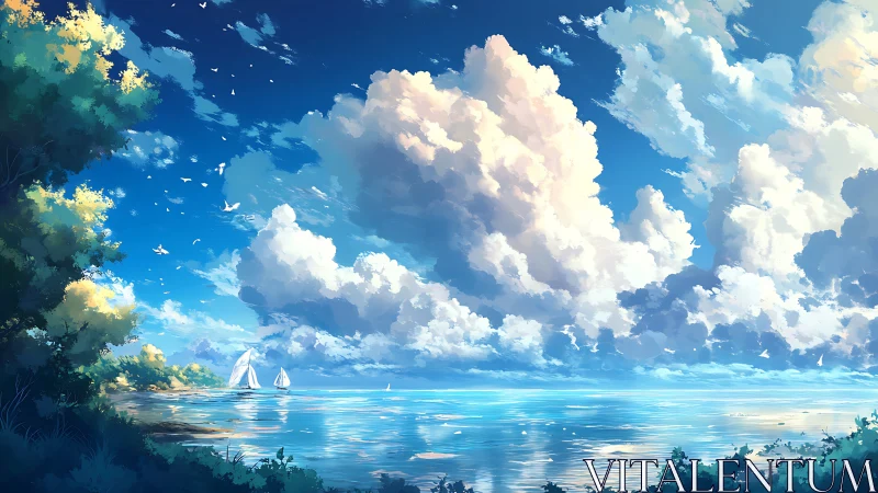 Coastal inlet with cumulus cloud formations and sailboats.