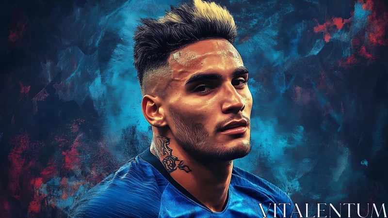 Tattooed footballer portrait against abstract blue blaze.