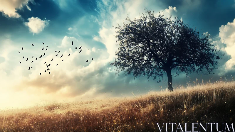 Lone tree on grassy hill under dramatic sky, digital art style.