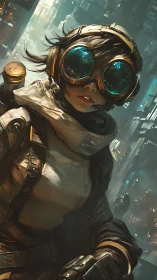 Cybernetic scout in reflective goggles surveys neon megacity