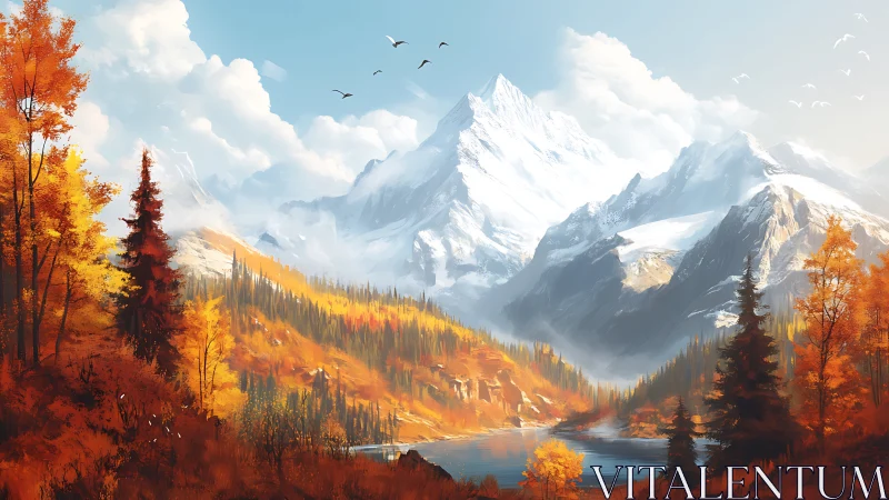 Snow-covered mountain range above autumn forest valley.