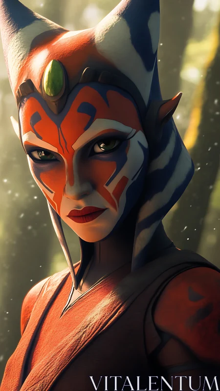 Togruta warrior portrait under dappled forest sunlight