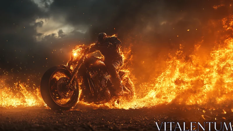 Cinematic photoreal rider on flaming highway motorcycle shot.