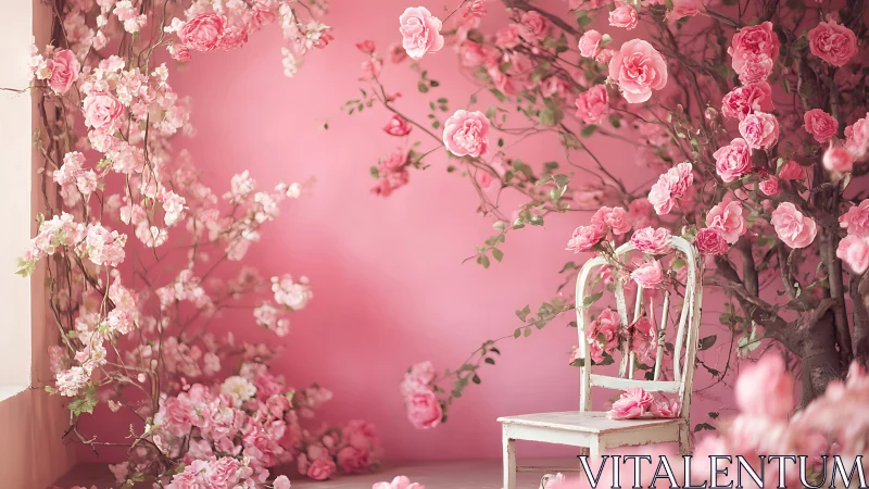 White wooden chair amid dense pink flowering branches.
