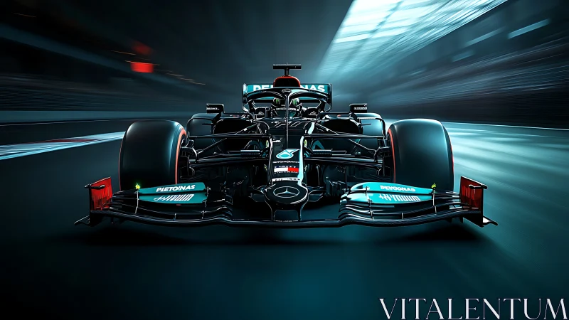 Front view of black Formula 1 car on illuminated racetrack.