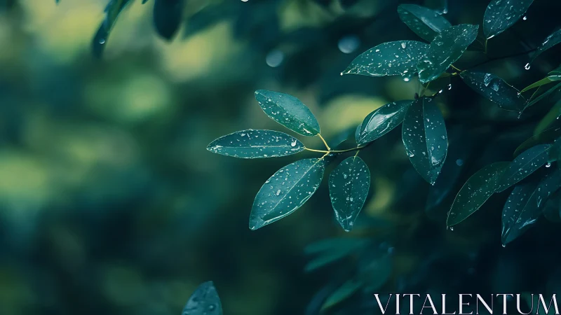Rain-kissed leaves whisper quietly in the teal twilight hush