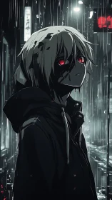 Midnight rain crowns a red eyed wanderer in neon gloom