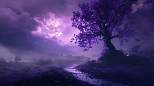 Purple twilight tree over misty river landscape.