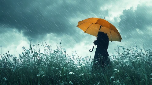 Silhouetted figure with orange umbrella in stormy meadow.